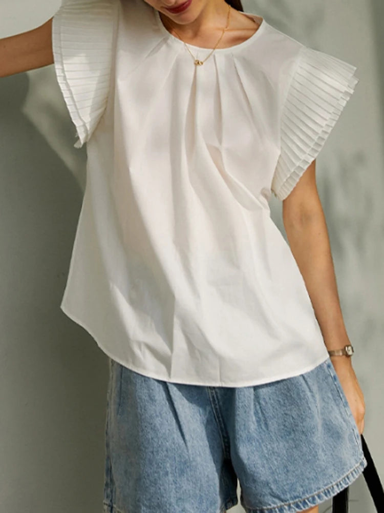 Korean Fashion Loose White Shirt For Women Round Neck Short Sleeve Ruched Minimalist Blouses Female Summer Clothing