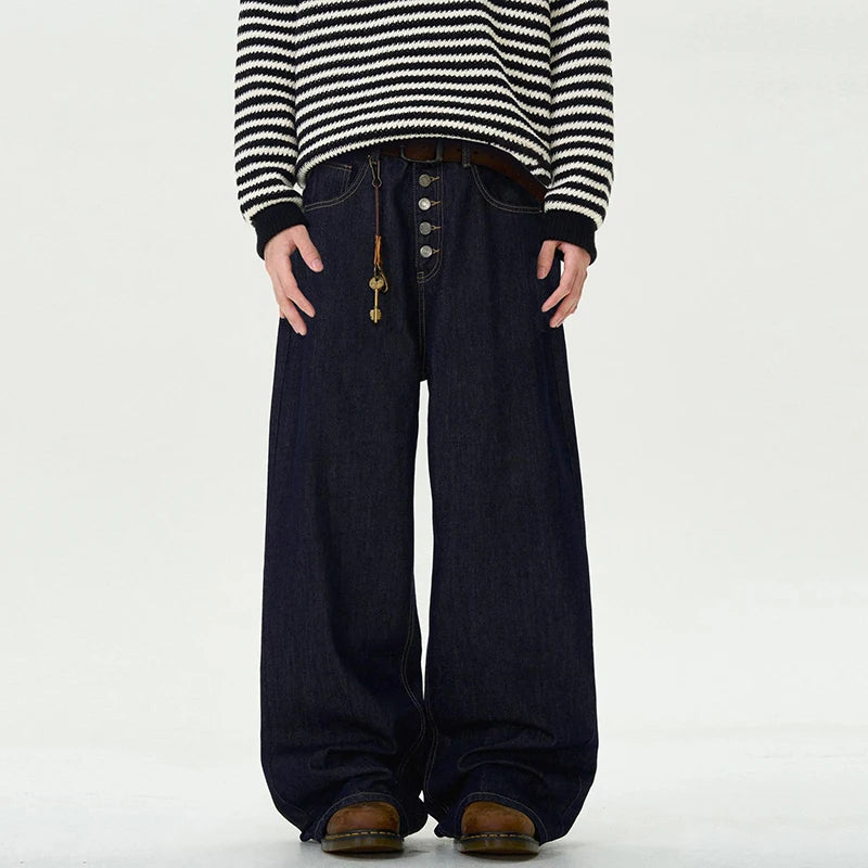 Men's Jeans New Straight Loose Fit Buttons Design American Denim Pants Male Solid Color Male Trousers Summer 9W1457