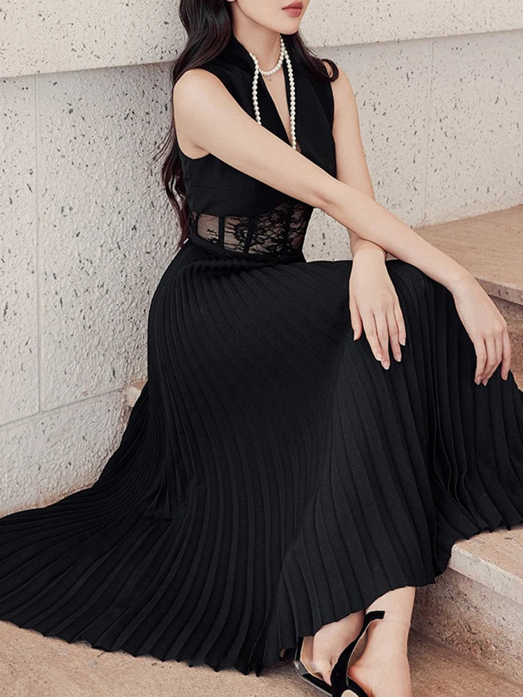 Elegant Slim Pleated Dresses For Women V Neck Sleeveless High Waist Spliced Sheer Mesh A Line Solid Sexy Dress Female New