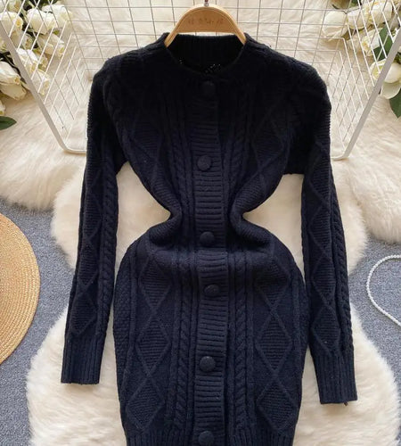 Women Black Round Neck  Single Breasted Knitted Dress Autumn Winter Beige Long Sleeve Casual Elegant Mini Sweater Dress Clothes
