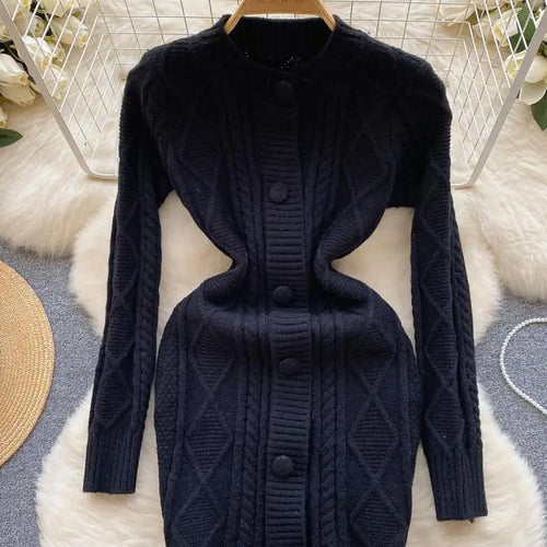 Load image into Gallery viewer, Women Black Round Neck  Single Breasted Knitted Dress Autumn Winter Beige Long Sleeve Casual Elegant Mini Sweater Dress Clothes
