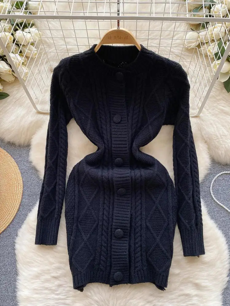 Women Black Round Neck  Single Breasted Knitted Dress Autumn Winter Beige Long Sleeve Casual Elegant Mini Sweater Dress Clothes