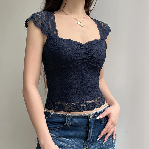 Load image into Gallery viewer, Vinage Square Neck Skinny Lace T-shirts Women Folds Fashion Chic Summer Cropped Top Tee Transparent Party Elegant New
