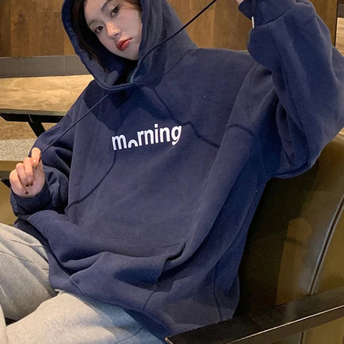 Load image into Gallery viewer, Navy Blue Green Hooded Pullover Autumn Letter Female Sweatshirt Women&#39;s Hoodies Loose Casual Harajuku Top Thin Coat M-XL
