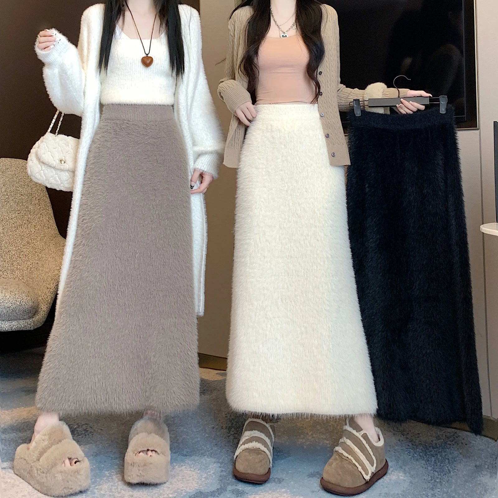 Autumn Winter 2024 New Black White Elegant Mink Long Skirt French Women Brown Elastic High Waist Vacation Party Knit Skirt Trend
