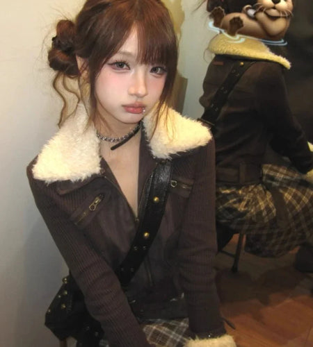 Ropa Mujer Fashion Coats Women's Clothing Fur Collar Zipper Slim Fit Y2k Tops Harajuku Outwear Casual Vintage Crop Jackets