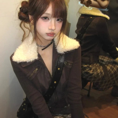 Load image into Gallery viewer, Ropa Mujer Fashion Coats Women's Clothing Fur Collar Zipper Slim Fit Y2k Tops Harajuku Outwear Casual Vintage Crop Jackets
