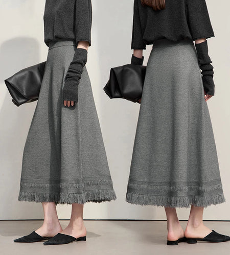 Women's Skirt 2025 Winter Minimalist Solid Color Tassel A-Line Long Skirts For Women Loose Knitted Clothing Female 12544018