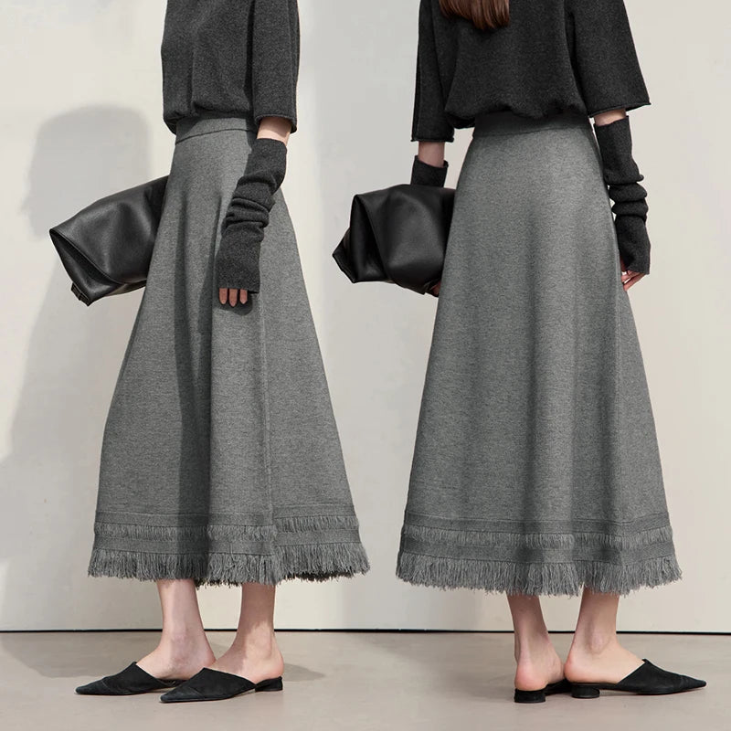 Women's Skirt 2025 Winter Minimalist Solid Color Tassel A-Line Long Skirts For Women Loose Knitted Clothing Female 12544018