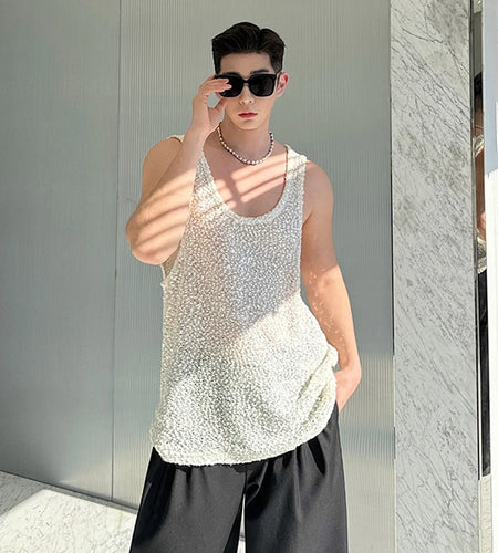 Thin Tank Top Sleeveless Fine Sparkling Pearl Slice Vest Solid Color 2024 Fashion Summer New Male Clothing Casual 9C5307