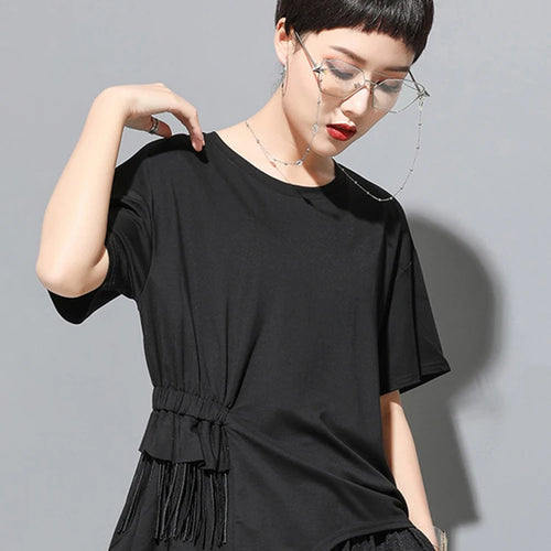 Load image into Gallery viewer, Women White Irregular Tassels Big Size Casual T-shirt New Round Neck Short Sleeve Fashion Tide Spring Summer 2025 1DJ1759
