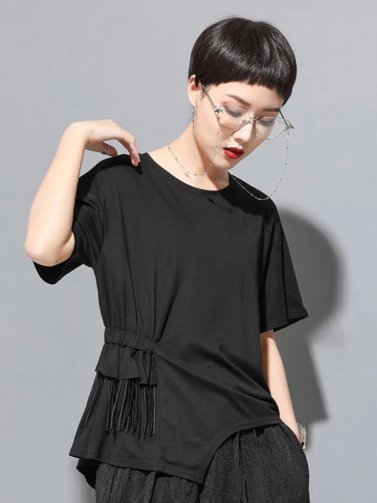 Women White Irregular Tassels Big Size Casual T-shirt New Round Neck Short Sleeve Fashion Tide Spring Summer 2025 1DJ1759