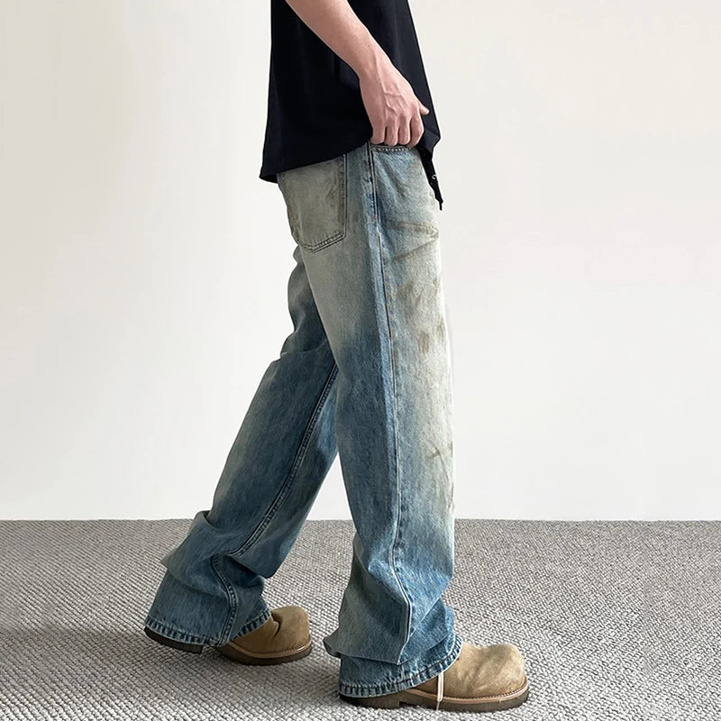 American Male Jeans High Street Design Tie Dye Make Old Style Denim Pants Slight Flared Fashion Men's Trousers 9W1481