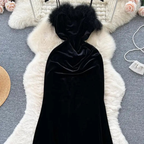 Load image into Gallery viewer, French Red Sexy Elegant Hairy Patchwork Velvet Slip Dress Spring Summer Vintage Black Evening Party Club Midi Dress Women Simple
