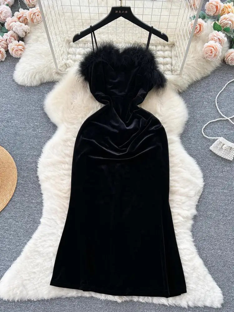 French Red Sexy Elegant Hairy Patchwork Velvet Slip Dress Spring Summer Vintage Black Evening Party Club Midi Dress Women Simple