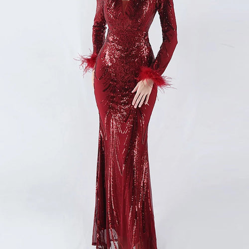 Load image into Gallery viewer, Solid Spliced Feather Slimming Dresses For Women V Neck Long Sleeve High Waist Temperament Dress Female Fashion New
