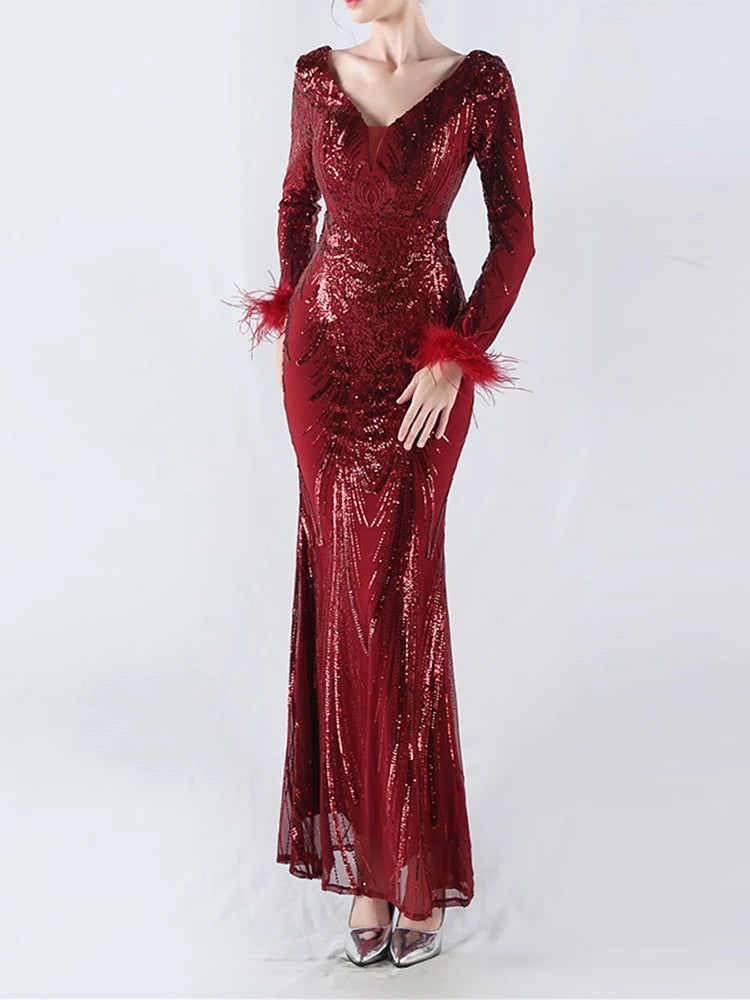 Solid Spliced Feather Slimming Dresses For Women V Neck Long Sleeve High Waist Temperament Dress Female Fashion New