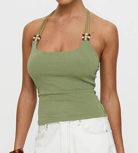 Vintage Solid Lace-Up With Beads Camisole Women‘s Holiday Slimming Halter Cropped Tops Backless Clothes Y2K Sexy New