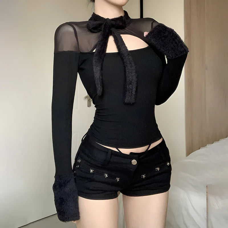Coquette Top y2k Clothes Women Solid Color Sheer See Through Round Neck Long Sleeve Mesh T Shirt with Bow Streetwear