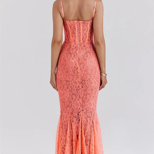 Load image into Gallery viewer, Floral Lace Sexy Maxi Dress For Women Orange Spaghetti Strap Sleeveless Backless Bodycon Club Party Long Dress Elegant
