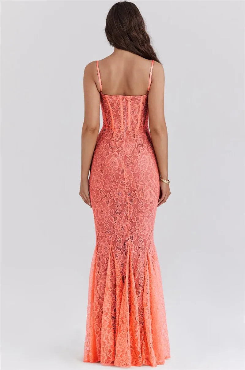 Floral Lace Sexy Maxi Dress For Women Orange Spaghetti Strap Sleeveless Backless Bodycon Club Party Long Dress Elegant