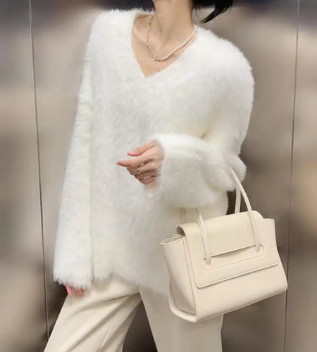 French 2024 Autumn Winter White Loose Vacation Mink Sweater Women V-neck Knitwear Office Lady Pullover Long Sleeve Tops Clothes