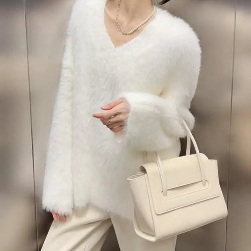 Load image into Gallery viewer, French 2024 Autumn Winter White Loose Vacation Mink Sweater Women V-neck Knitwear Office Lady Pullover Long Sleeve Tops Clothes
