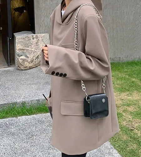 Women Slit Irregular Big Size Blazer New Hooded Long Sleeve Loose Fit Jacket Fashion Tide Spring Autumn 2025  1DH0482