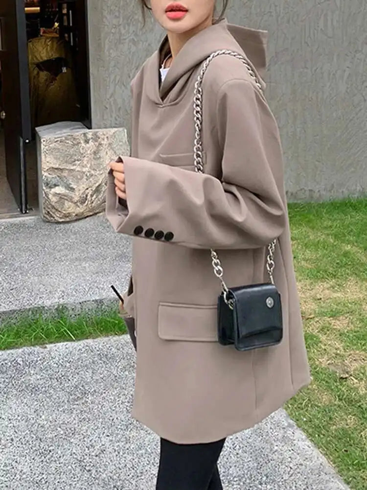 Women Slit Irregular Big Size Blazer New Hooded Long Sleeve Loose Fit Jacket Fashion Tide Spring Autumn 2025  1DH0482