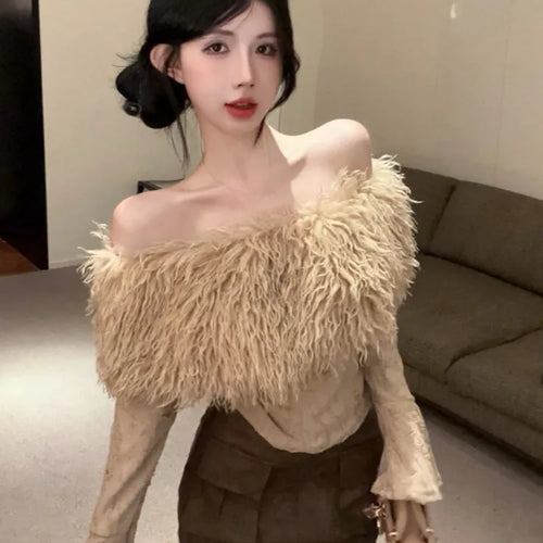 Load image into Gallery viewer, Y2k Aesthetic Vintage Fur Patchwork Bodycon Tees Harajuku Women Slash Neck Grunge T-shirt Streetwear Fairy Hole Cropped Tshirt
