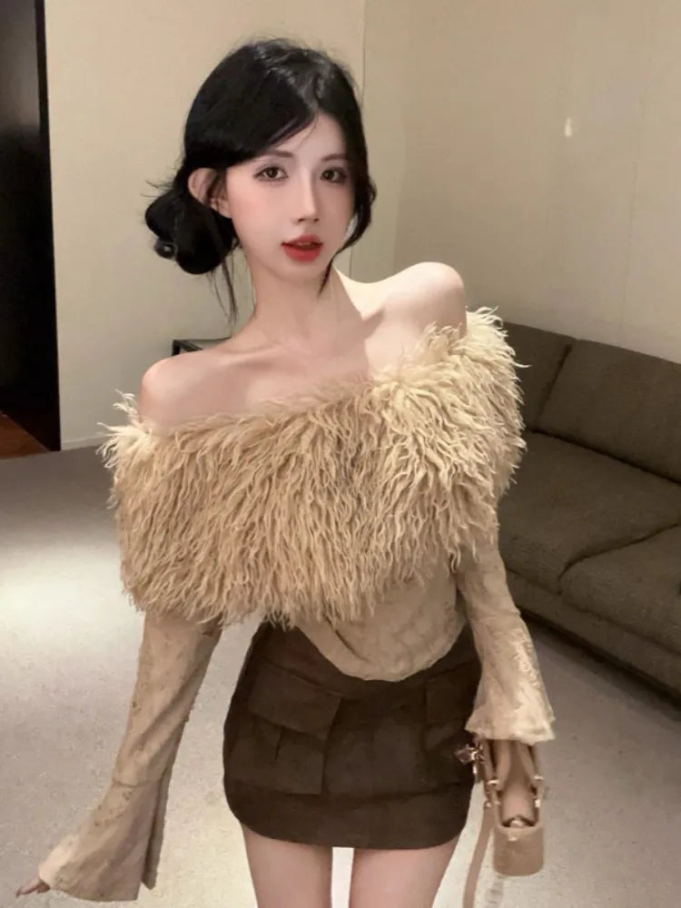 Y2k Aesthetic Vintage Fur Patchwork Bodycon Tees Harajuku Women Slash Neck Grunge T-shirt Streetwear Fairy Hole Cropped Tshirt