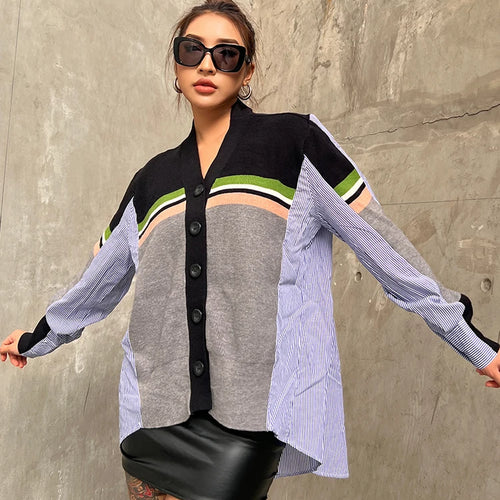 Load image into Gallery viewer, Loose Shirt For Women V Neck Long Sleeve Patchwork Striped Colorblock Casual Blouses Female Clothes Autumn
