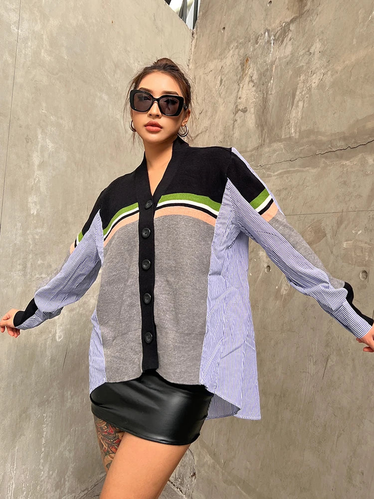 Loose Shirt For Women V Neck Long Sleeve Patchwork Striped Colorblock Casual Blouses Female Clothes Autumn