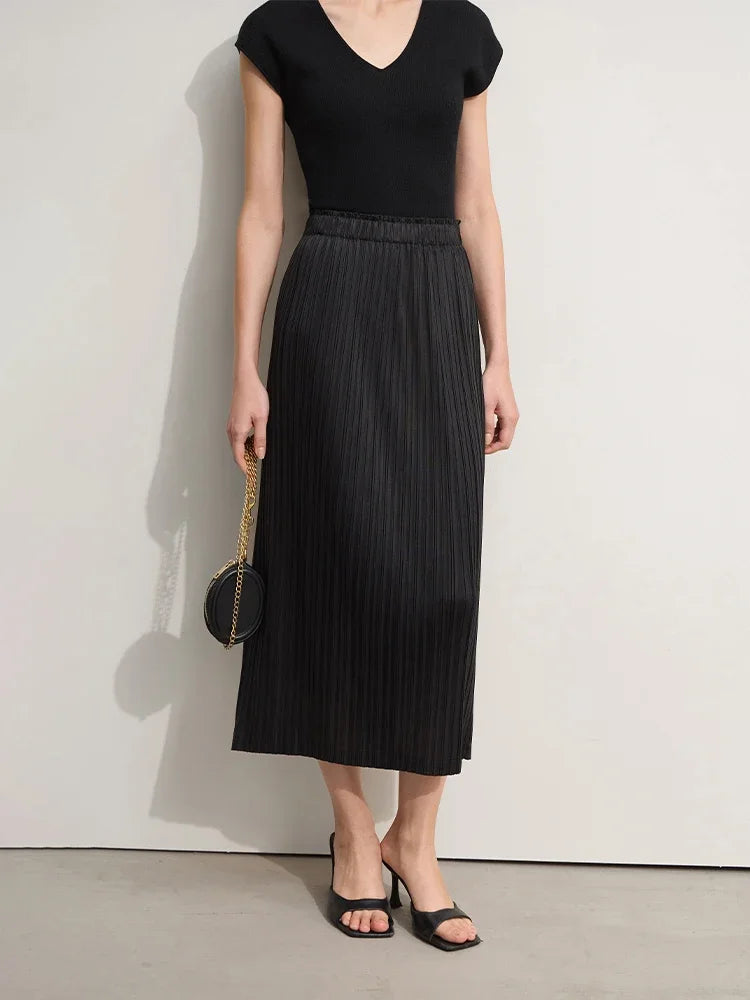 Minimalism Women's Skirt Office Lady 2025 Autumn New Solid Color Elastic Waist Straight Casual Pleated Skirt Long 12342617