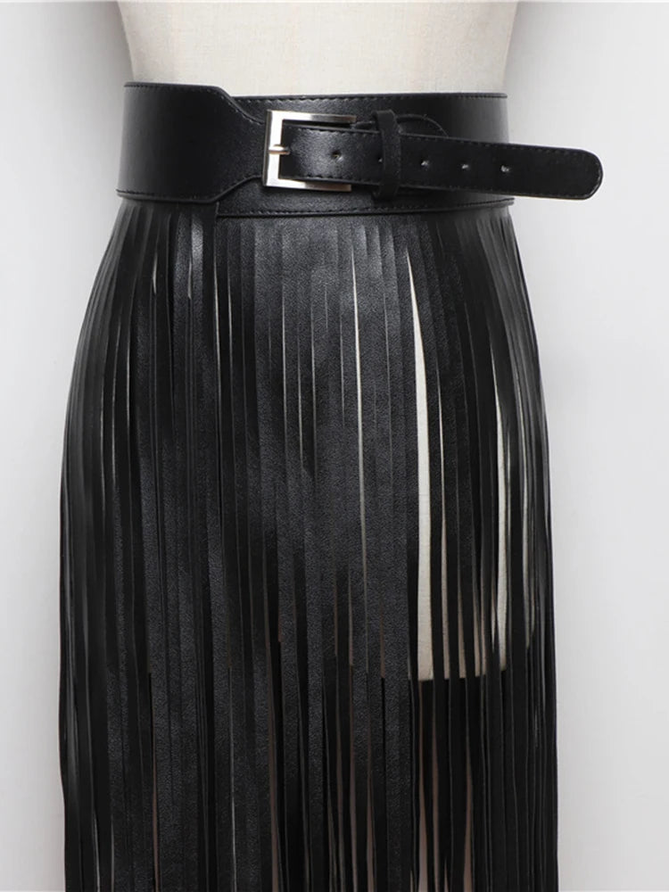 Solid Patchwork Belt Leather Skirts For Women High Waist Spliced Tassel Temperament Long Skirt Female Fashion Style