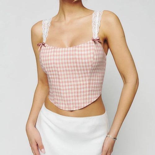 y2k Tops for Women Summer Clothes Plaid/Floral Print Lace Shoulder Strap Tanks 2000s Aesthetic Clothing Party Clubwear