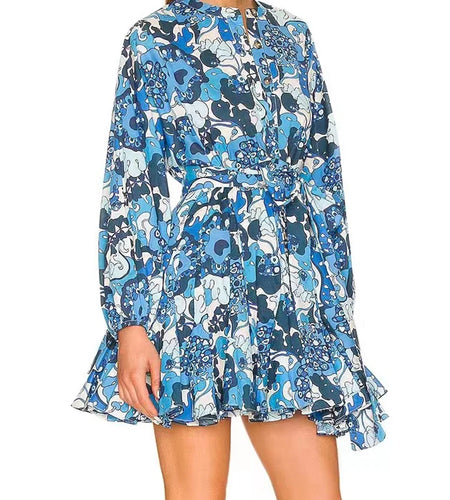 Print Floral Colorblock Mini Dress For Women Round Neck Long Sleeve Bowknot Lace Up High Waist Dresses Female Spring Clothes