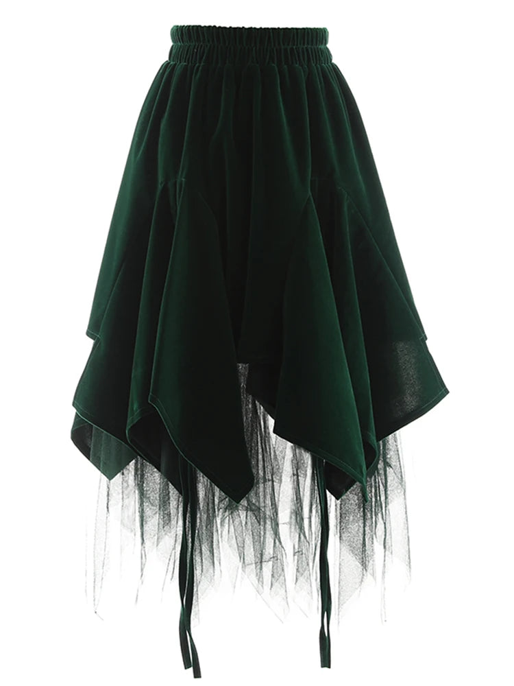 Elegant Irregular Hem Skirt For Women High Waist Patchwork Mesh Solid Minimalist Midi Skirts Female Clothes Fashion