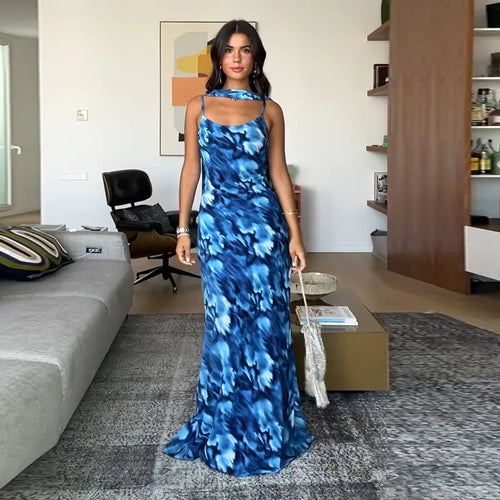 Load image into Gallery viewer, Halter Backless Print Sexy Maxi Dress For Women Gown Elegant Blue Printed Lace-up Sleeveless Evening Long Dress
