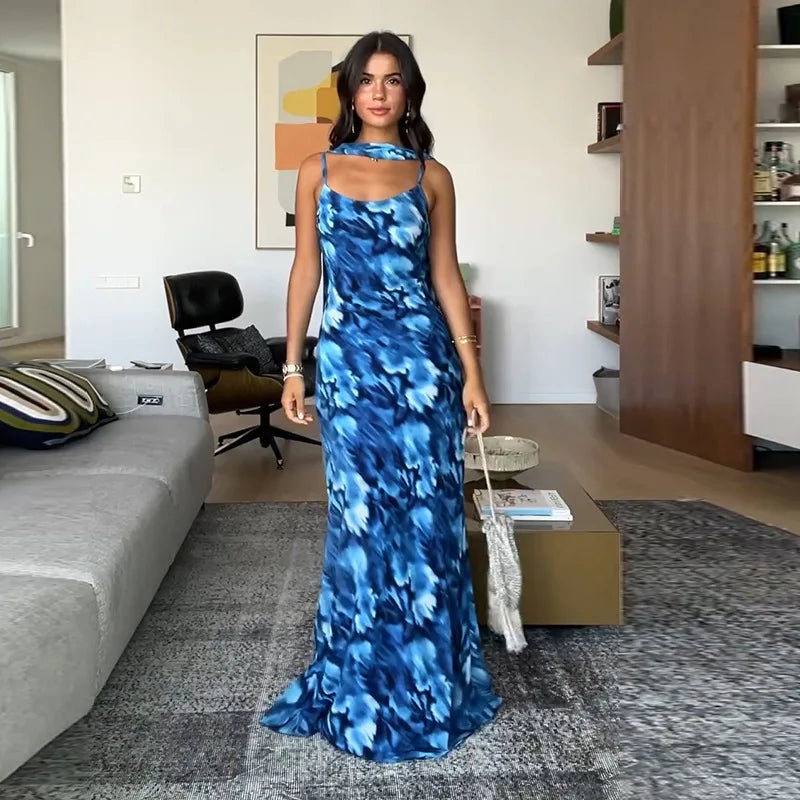 Halter Backless Print Sexy Maxi Dress For Women Gown Elegant Blue Printed Lace-up Sleeveless Evening Long Dress