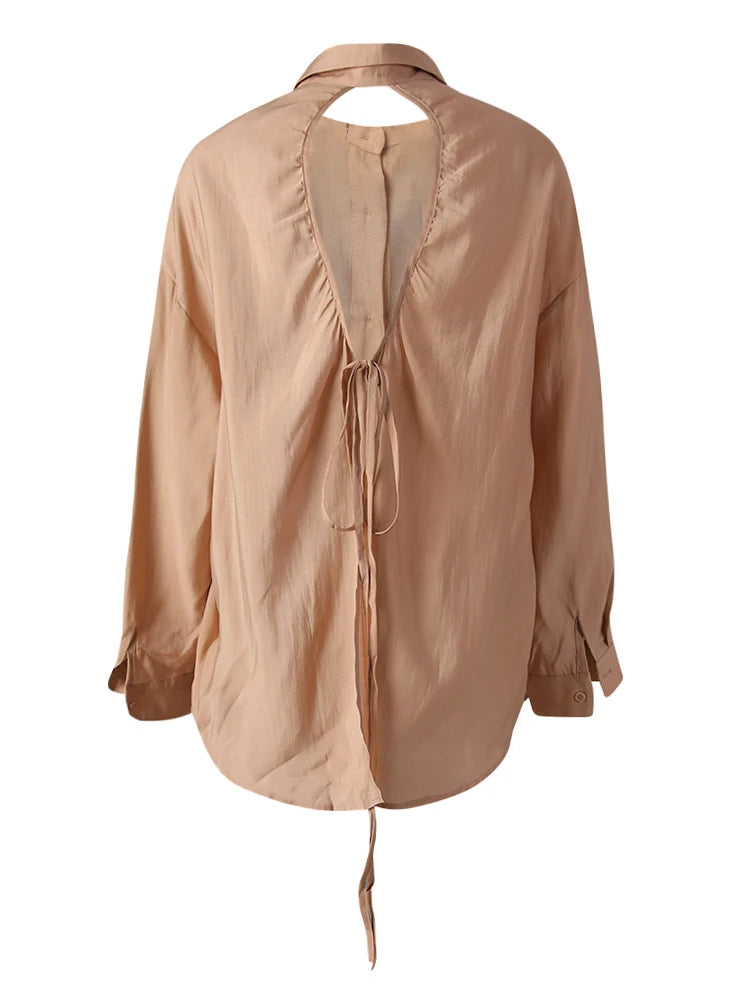 Women Green Backless Bandage Thin Big Size Blouse New Lapel Long Sleeve Shirt Fashion Tide Spring Summer 2025 CPG3253