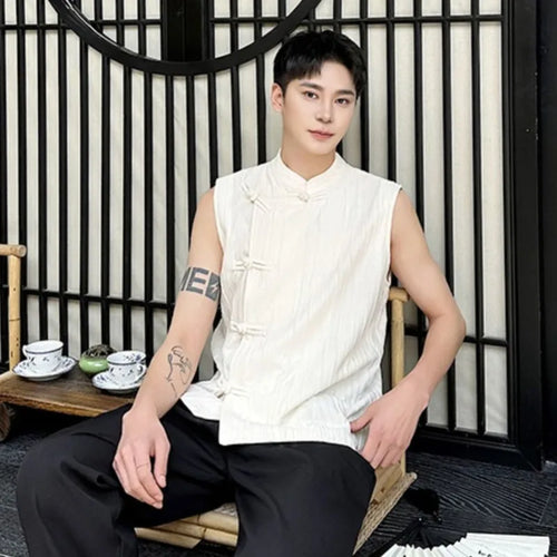 Load image into Gallery viewer, Chinese Style Men&#39;s Tank Tops Pleated Loose Simple Stand Collar Sleeveless Trend Male Tops Summer Vest 9C6116
