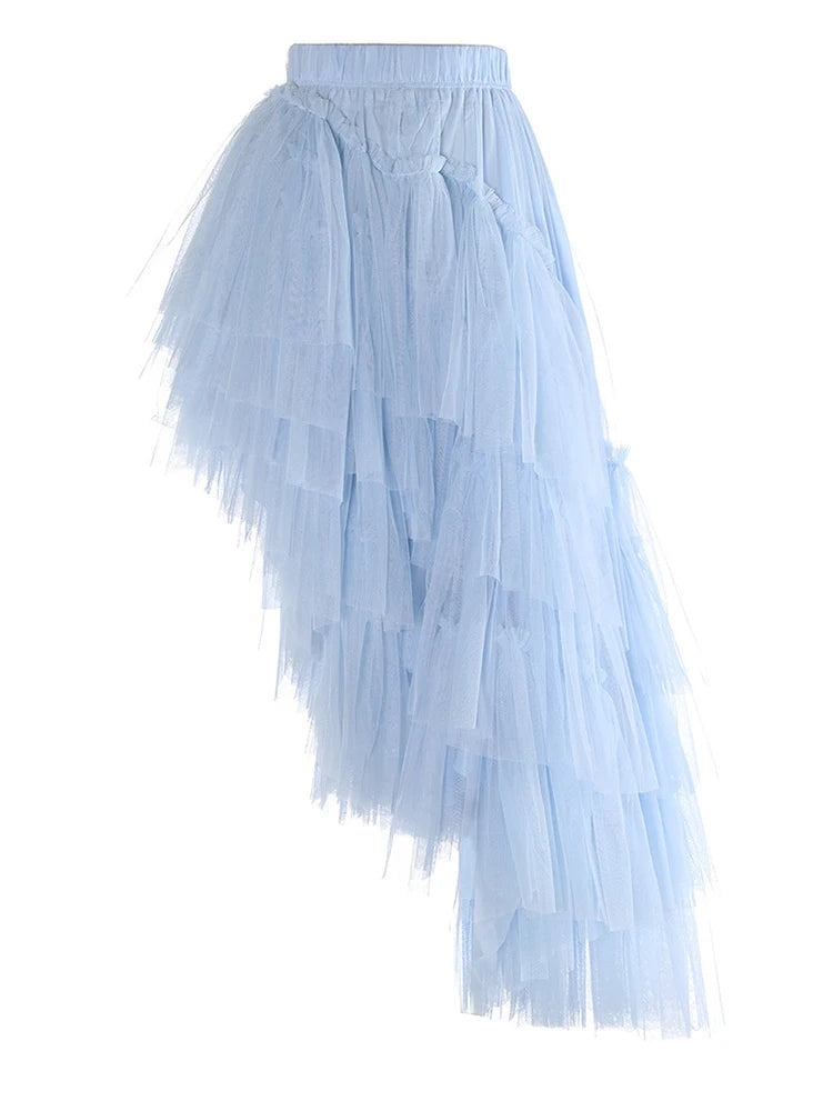 High Elastic Waist Blue Irregular Mesh Layers Cake Half-body Skirt Women Fashion Tide New Spring Autumn 2025 1DH9418