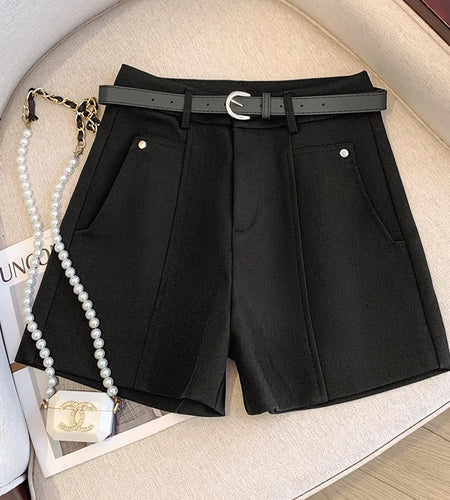 French Fashion Women Black Red Elegant Shorts Autumn Winter Brown High Waist Ladies Versatile Pleated A-line Short Pant Casual