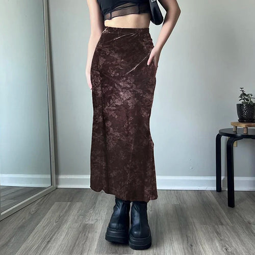 Load image into Gallery viewer, Fairycore Vintage Brown Velour Long Skirt Female Flowers Printed Y2K Party Autumn Skirt Aesthetic Fashion Elegant
