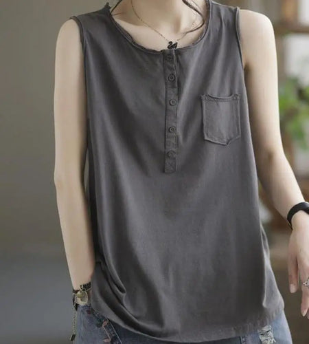 Women's Black Casual Loose Pocket Vest Summer Fashion Brown Sleeveless Buttons Bottoming Tops Large Size Versatile Trendy Tanks