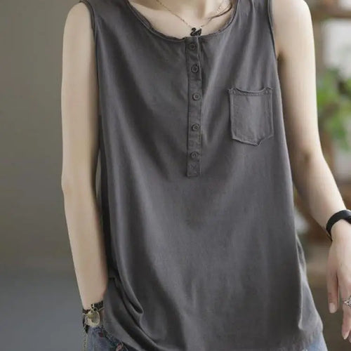 Load image into Gallery viewer, Women&#39;s Black Casual Loose Pocket Vest Summer Fashion Brown Sleeveless Buttons Bottoming Tops Large Size Versatile Trendy Tanks
