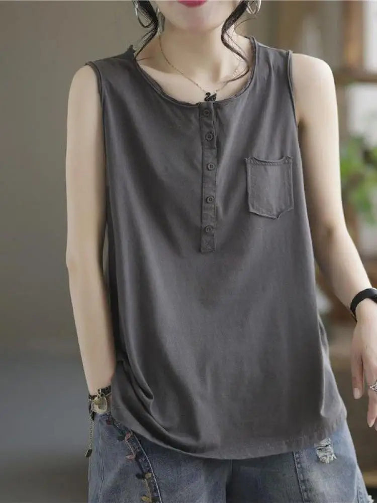 Women's Black Casual Loose Pocket Vest Summer Fashion Brown Sleeveless Buttons Bottoming Tops Large Size Versatile Trendy Tanks