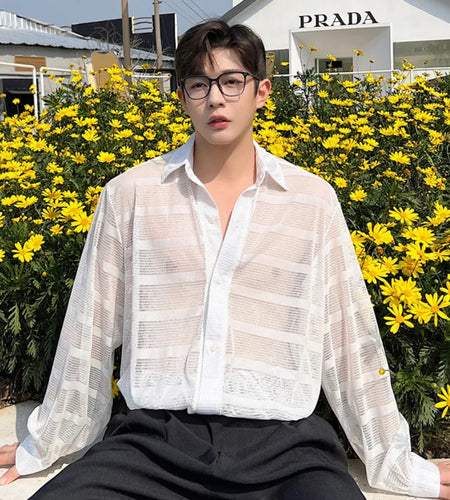 Summer Male Long Sleeve Shirts Trend Fashionable Niche Hollow Design Single Breasted Sunscreen Solid Color Shirt 9W1544