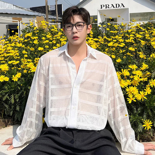 Load image into Gallery viewer, Summer Male Long Sleeve Shirts Trend Fashionable Niche Hollow Design Single Breasted Sunscreen Solid Color Shirt 9W1544
